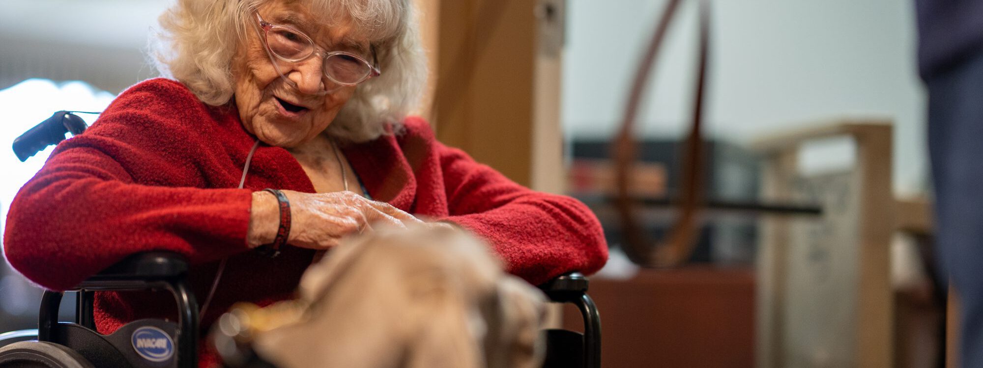 A resident from Lutheran Life Villages enjoying some time with a puppy